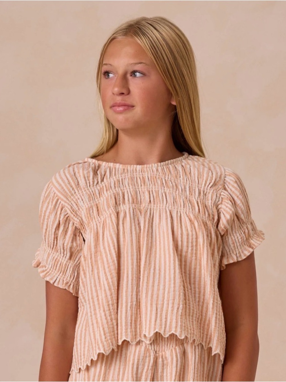 Rylee + Cru Peach-Striped Smocked Ruffle Top
